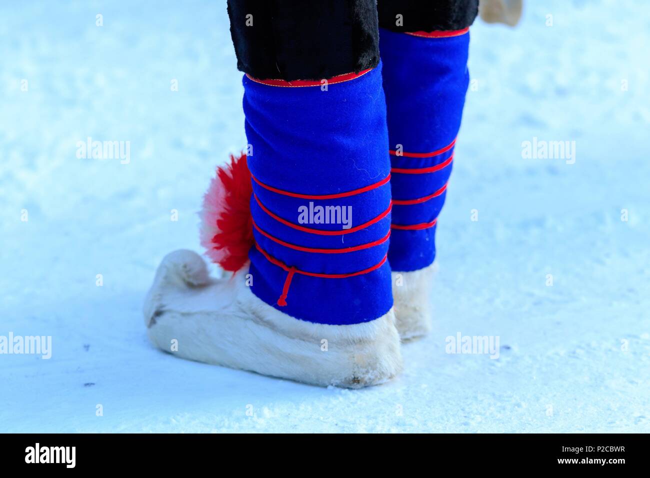 Sweden, Lapland, region listed as World Heritage by UNESCO, Norrbotten County, Gros full on Sami slippers accompanying the traditional costume at the Sami market since the 17th century in Jokkmokk Stock Photo
