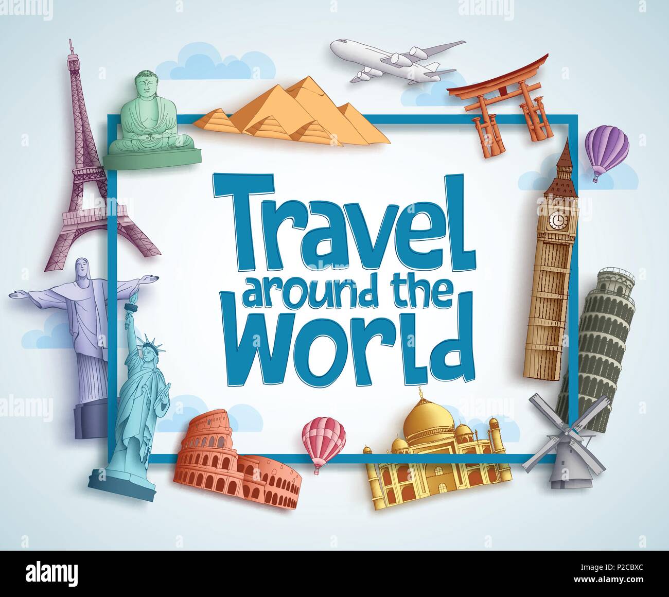 Travel around the world vector banner design with frame and famous ...