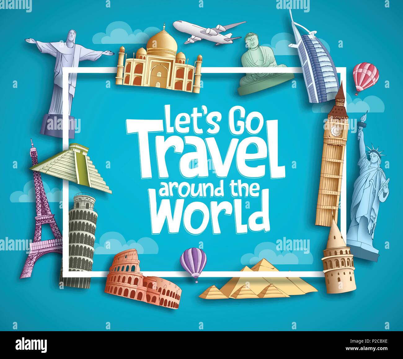 Travel and tourism vector banner design with boarder frame