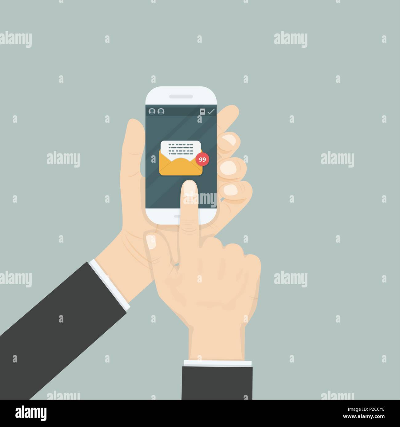 Hand holding smartphone and touching screen with text messaging.Smartphone with new message on screen.Chat,SMS,Instant messaging.Mobile messenger conc Stock Vector