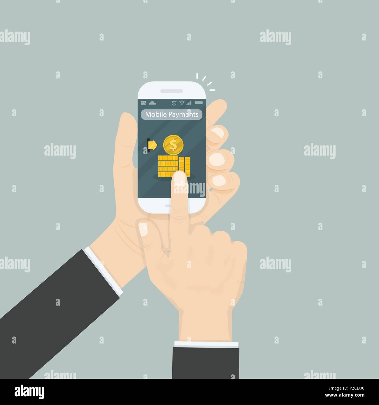 Hand holding smartphone and touching screen with text messaging.Smartphone with Mobile Payments applications on screen.Mobile Application concepts.Sma Stock Vector