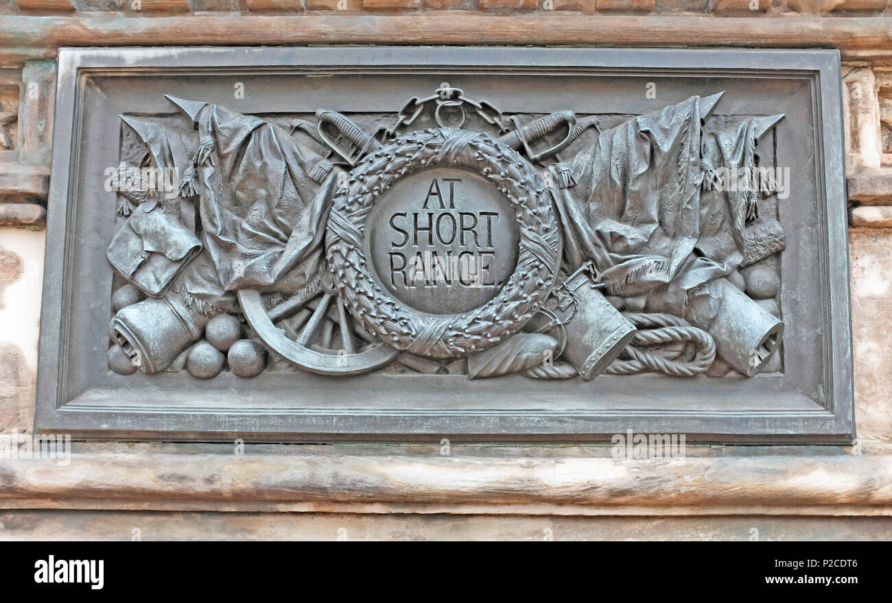 'At Short Range' bronze plaque, representinh the Cuyahoga County artillery group in the US Civil War, is part of the Soldiers and Sailors Monument. Stock Photo