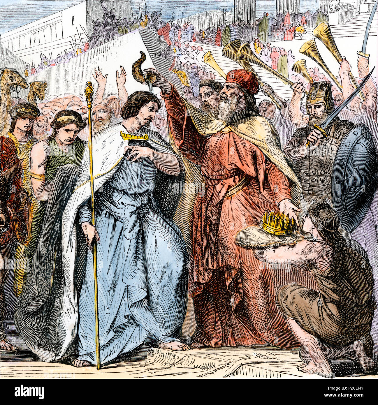 David anointed King of Judah and Israel. Hand-colored woodcut Stock Photo