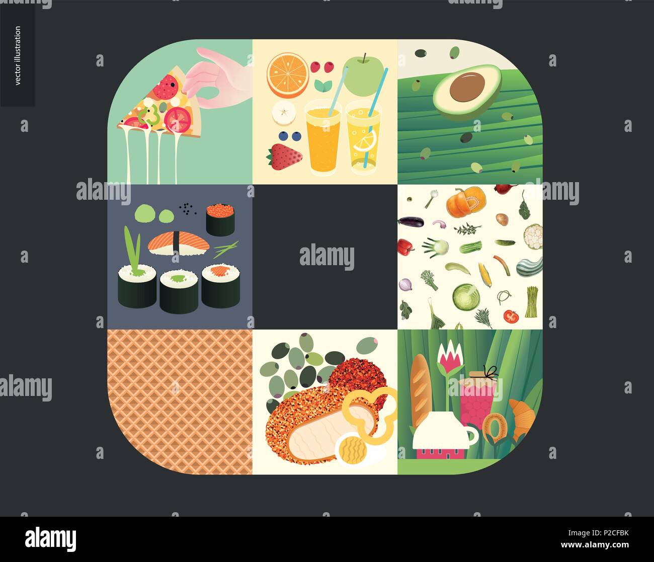 Simple things - meal - flat cartoon vector illustration of vegetarian pizza, sushi, rolls, breakfast set meal, avocado, tee meal, vegetable pattern, w Stock Vector