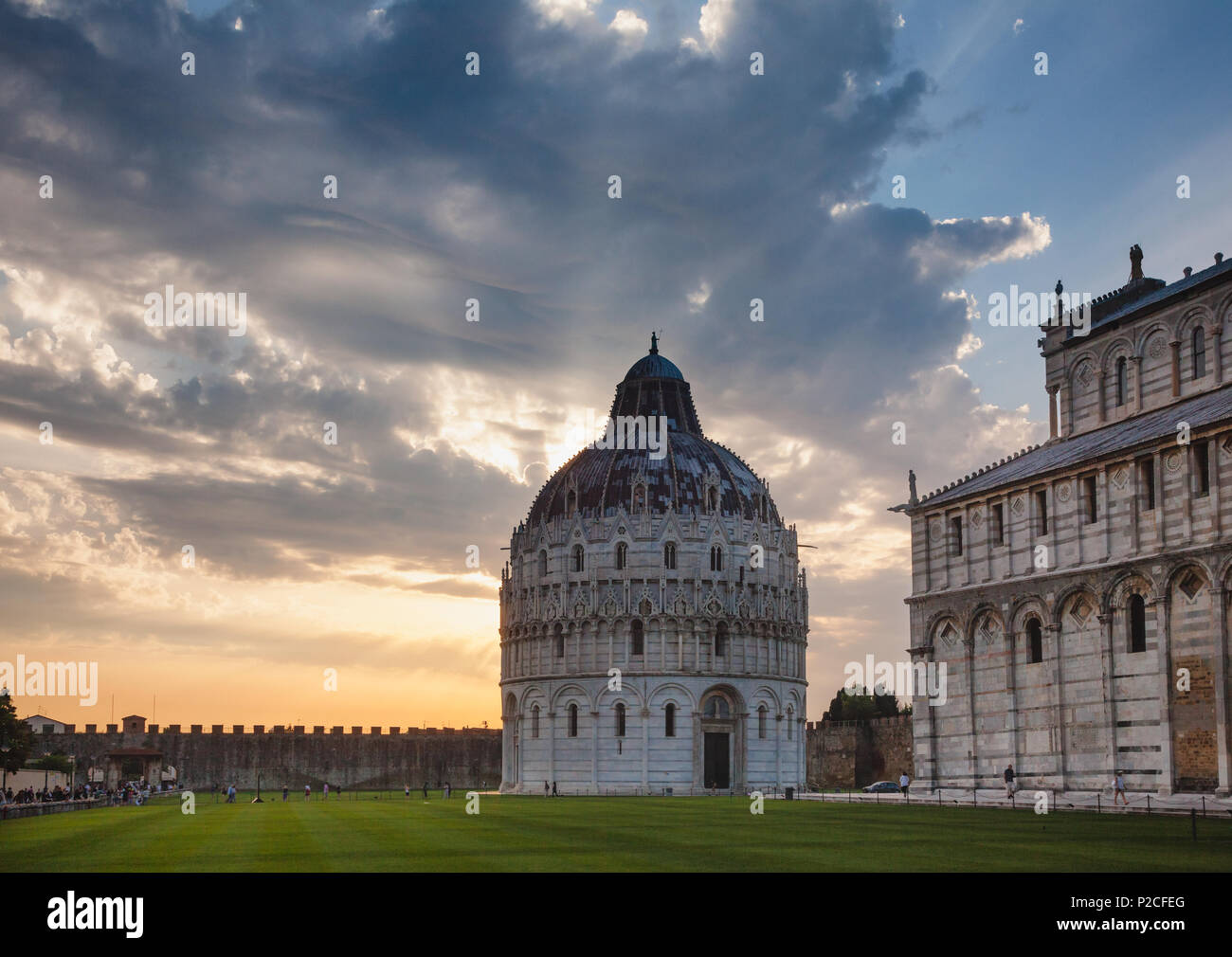 Dramatic sunset over the Piazza dei Miracoli (Piazza del Duomo) with