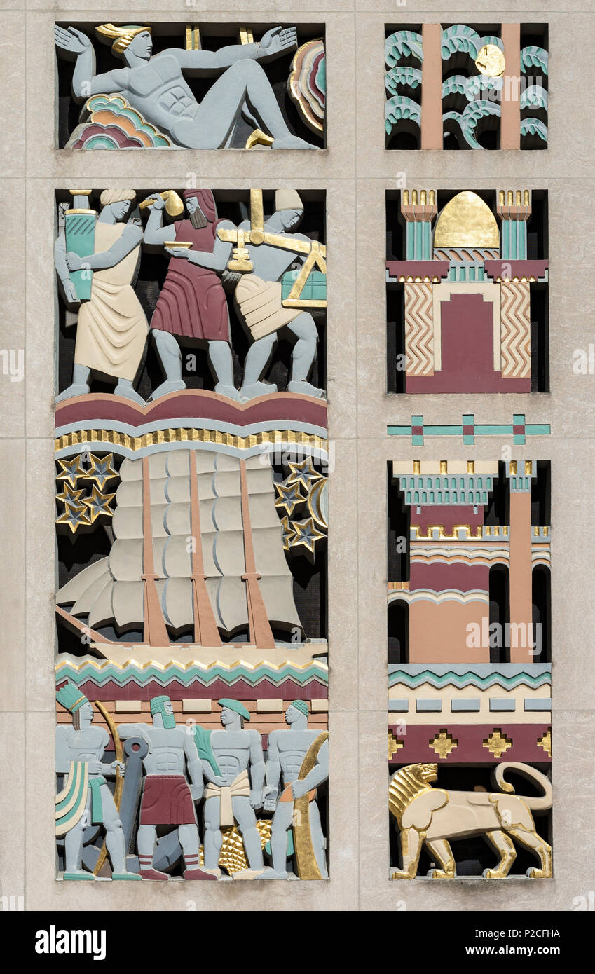 Close-up of Lee Lawrie's Art Deco stone screen mosaic at International Building of  Rockefeller Center in New York, USA Stock Photo