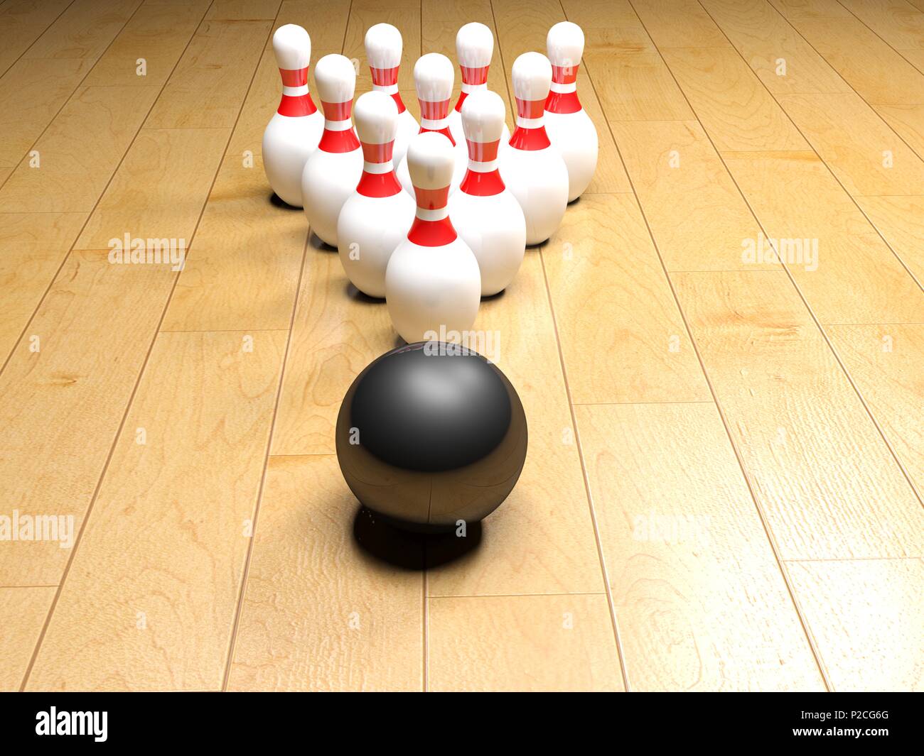 Bowling bowl and pins on wooden surface - 3D rendering Stock Photo