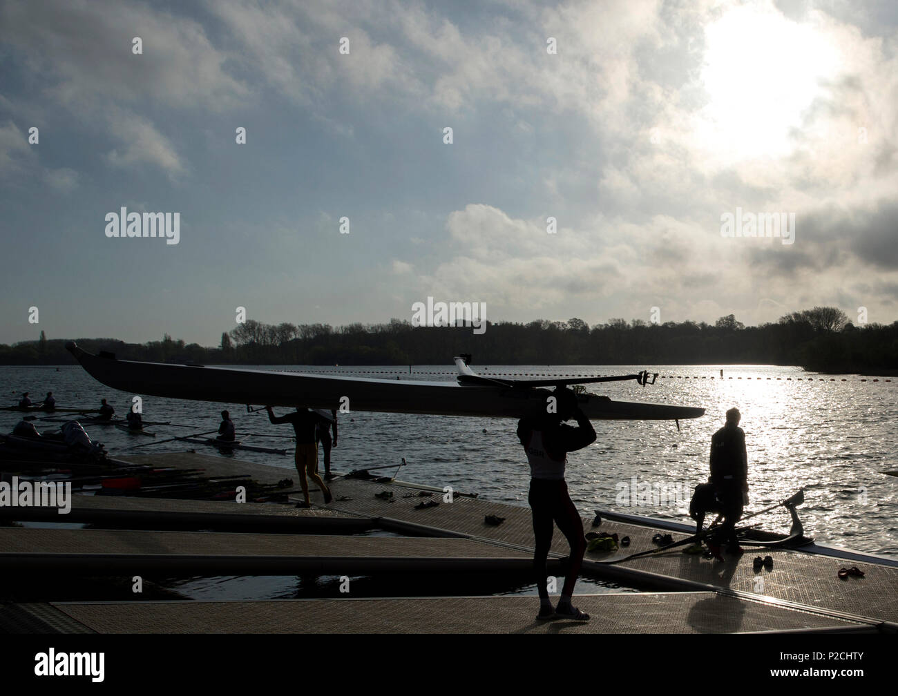 Caversham, Reading, Berkshire, Athletes, prepare, to, Boat, to compete,  GBRowing, Team-Trials, Redgrave-Pinsent, Rowing-Lake, GB, Rowing,  Training-Base, England, 18.04.2015, © Peter SPURRIER, Silhouette, Stock Photo