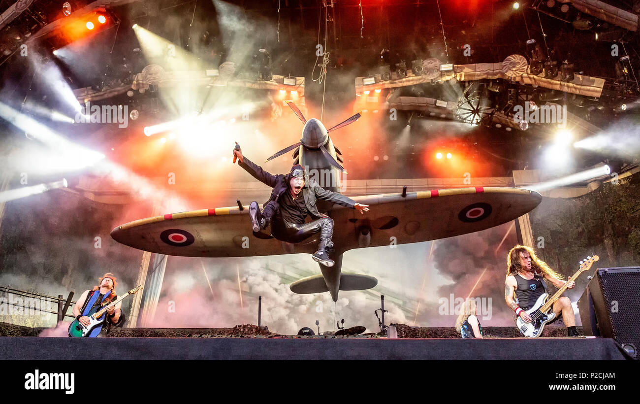 Sweden, Solvesborg - June 07, 2018. Iron Maiden, the English heavy metal  band, performs a live concert during the Swedish music festival Sweden Rock  Festival 2018. Here vocalist Bruce Dickinson is seen