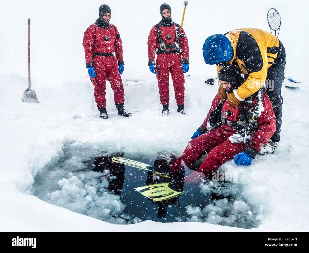 France, Isère (38), Belledonne, Chamrousse, Robert Lakes, fixation of the stabilizing vest for an ice diving under the 2 m thick pack ice - Dive Xtreme Stock Photo