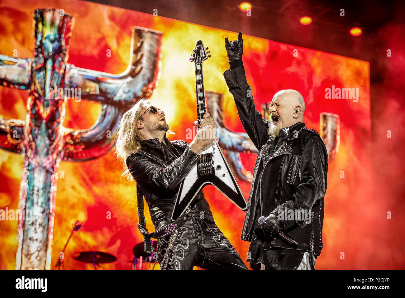 Sweden, Solvesborg - June 09, 2018. The English heavy metal band Judas Priest performs a live concert during the Swedish music festival Sweden Rock Festival 2018. Here vocalist Rob Halford is seen live on stage with guitarist Richie Faulkner. (Photo credit: Gonzales Photo - Terje Dokken). Stock Photo