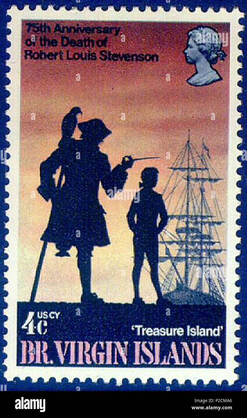 . English: The set of four 'Treasure Island' stamps issued in 1969 includes this 4c value depicting pirate ship, Jim Hawkins and Long John Silver . 1969. Jennifer Toombs 1 1969, 4c stamp depicting Pirates on Treasure Island Stock Photo