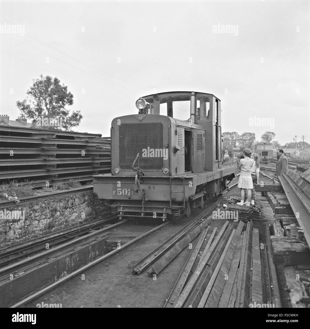 . F502 on rail train, Ennis, Co. Clare. The Córas Iompair Éireann 501 Class locomotives were built in 1955 by Walker Brothers Limited of Wigan, Lancashire for use on the narrow gauge (3 feet) lines on the West Clare section of CIÉ. They were small diesel mechanical locomotives, of 0-4-0+0-4-0 wheel arrangement. Controlled from a central cab the locomotives had two Gardner engines of 224 hp, one under each end casing, driving through a fluid coupling and Wilson gear box the inner axle of the opposite bogie, through a spiral-bevel-reverse and reduction gear box. [/photos/paddywhack56/ Paddywhack Stock Photo