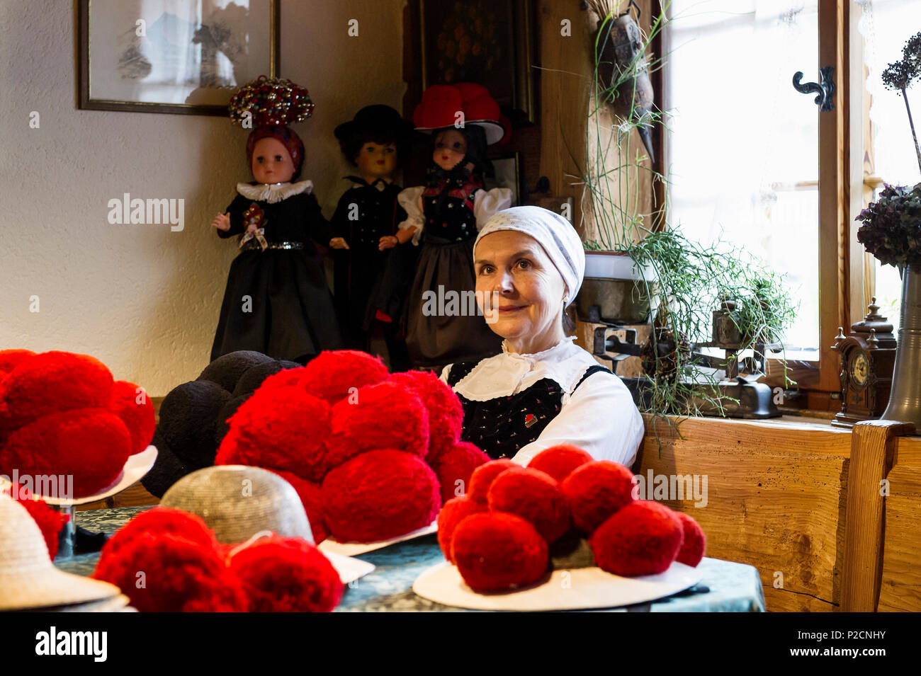Gabriele Aberle, traditional hatter, Gutach, Black Forest, Baden-Wuerttemberg, Germany Stock Photo