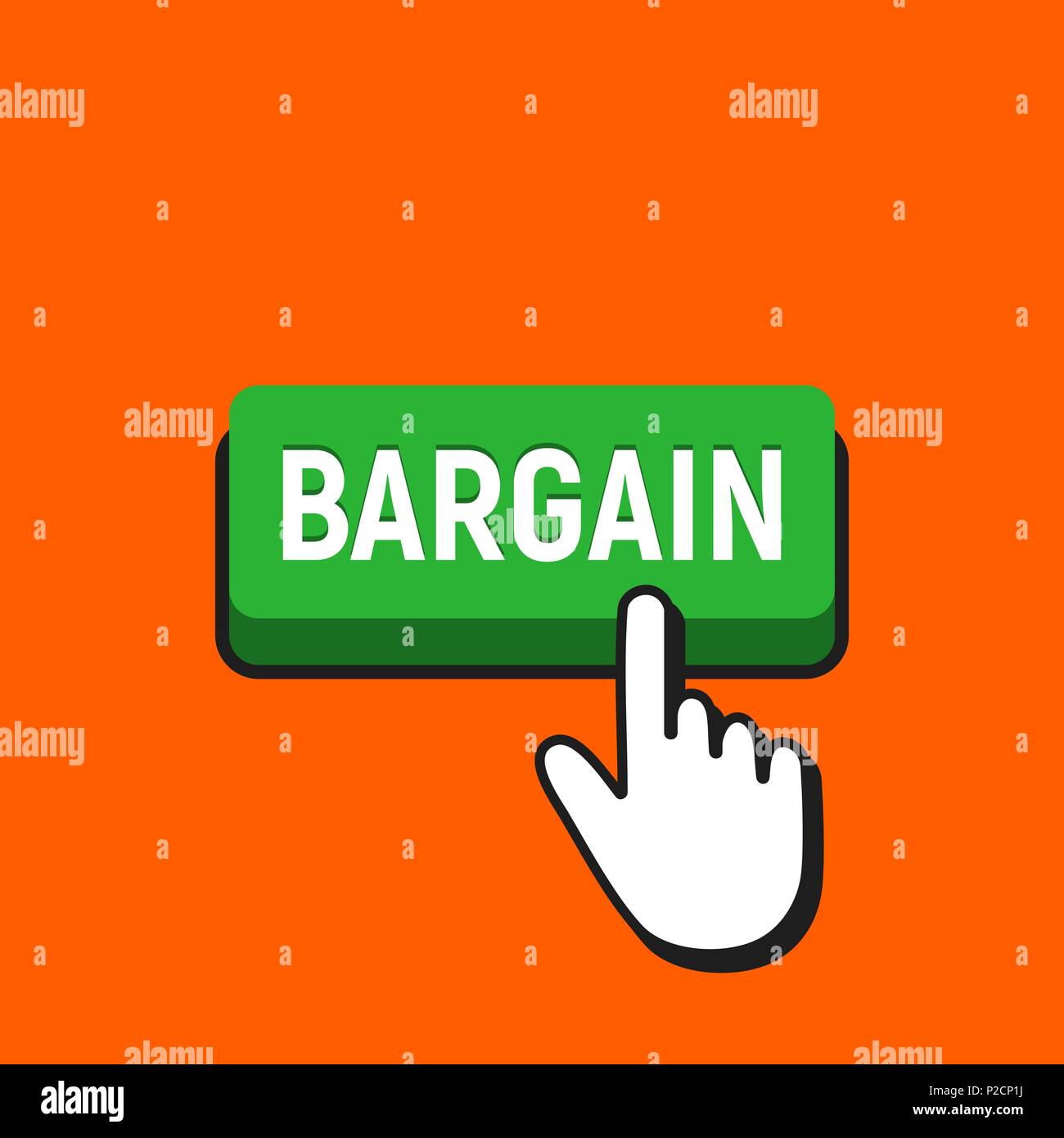 Hand Mouse Cursor Clicks the Bargain Button. Pointer Push Press Button Concept. Stock Vector