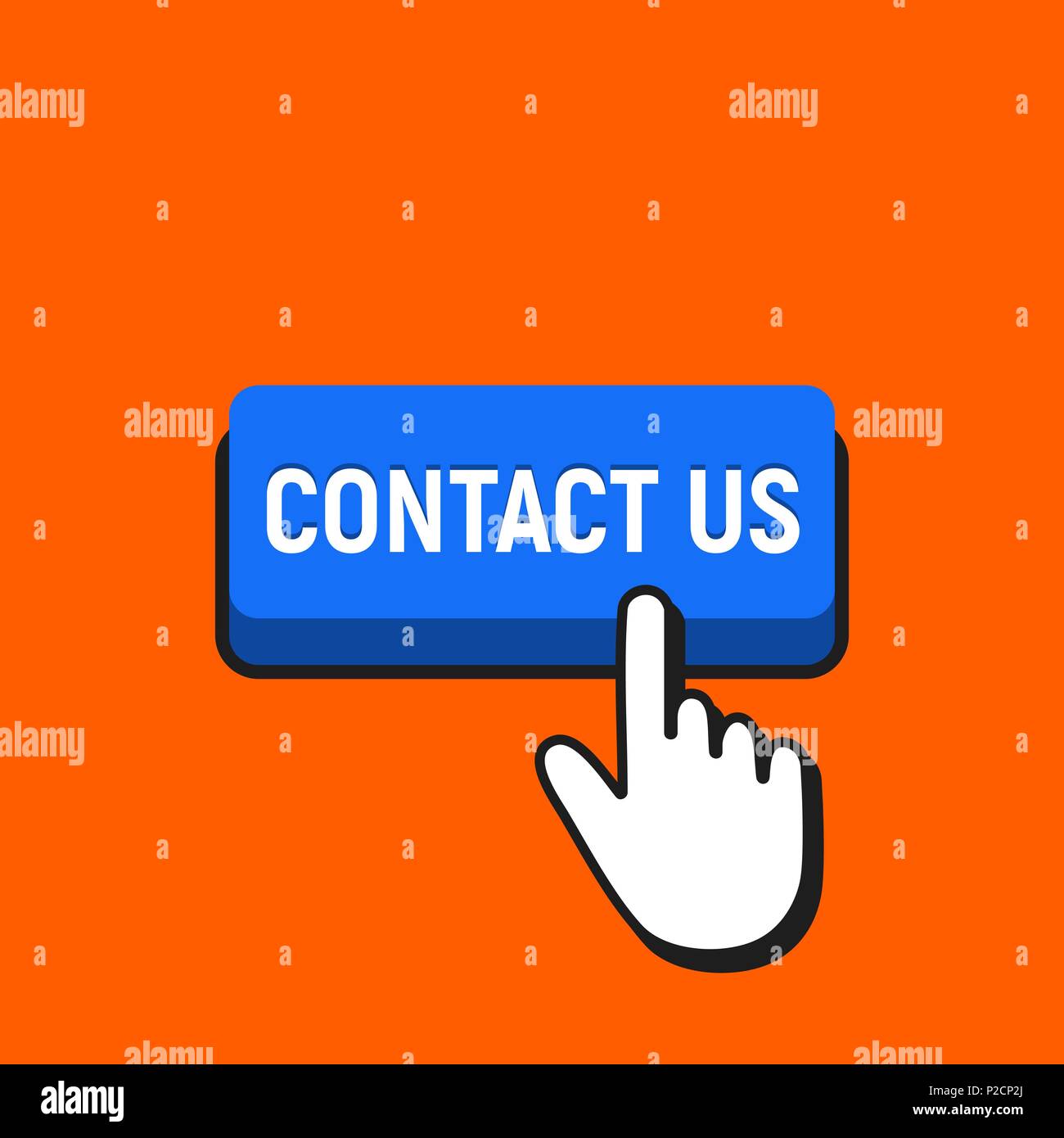 Hand Mouse Cursor Clicks the Contact Us Button. Pointer Push Press Button Concept. Stock Vector
