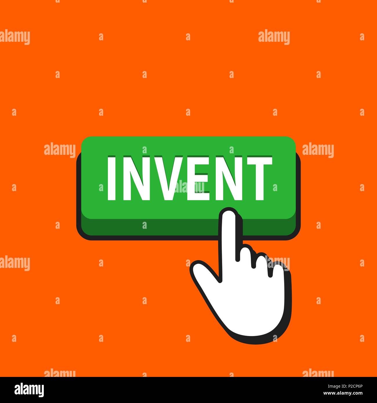 Hand Mouse Cursor Clicks the Invent Button. Pointer Push Press Button Concept. Stock Vector