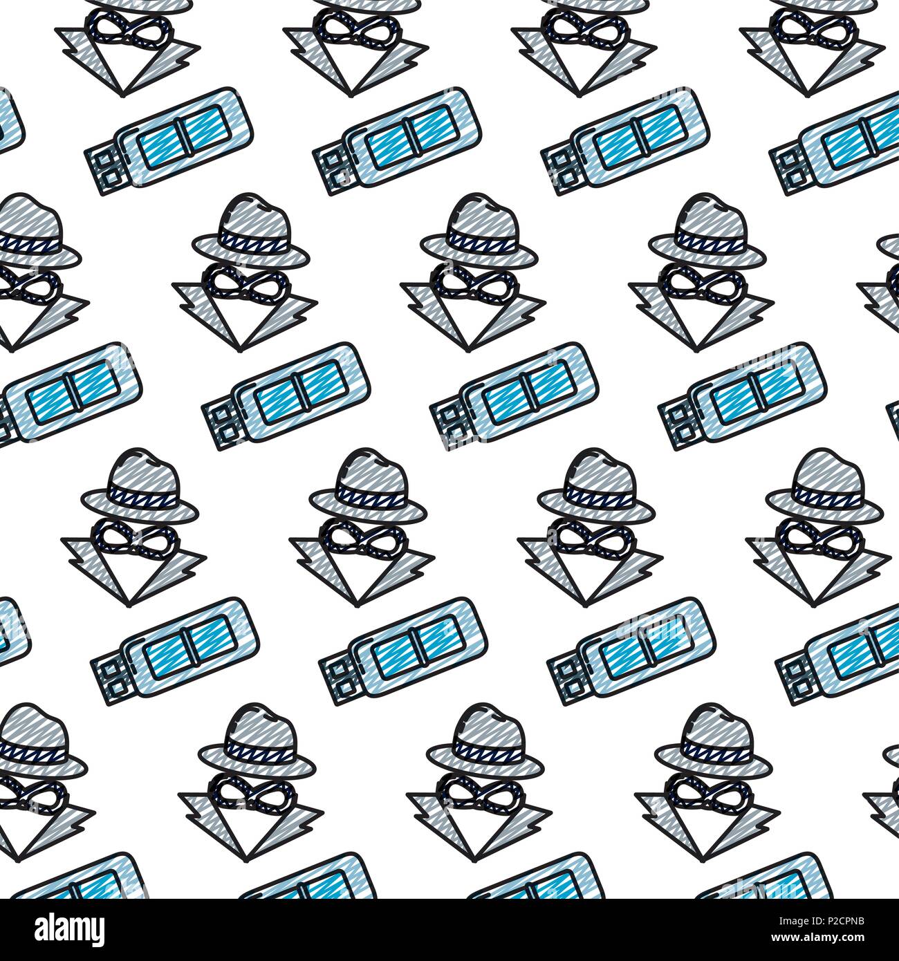 doodle usb memory and hacker thief background Stock Vector