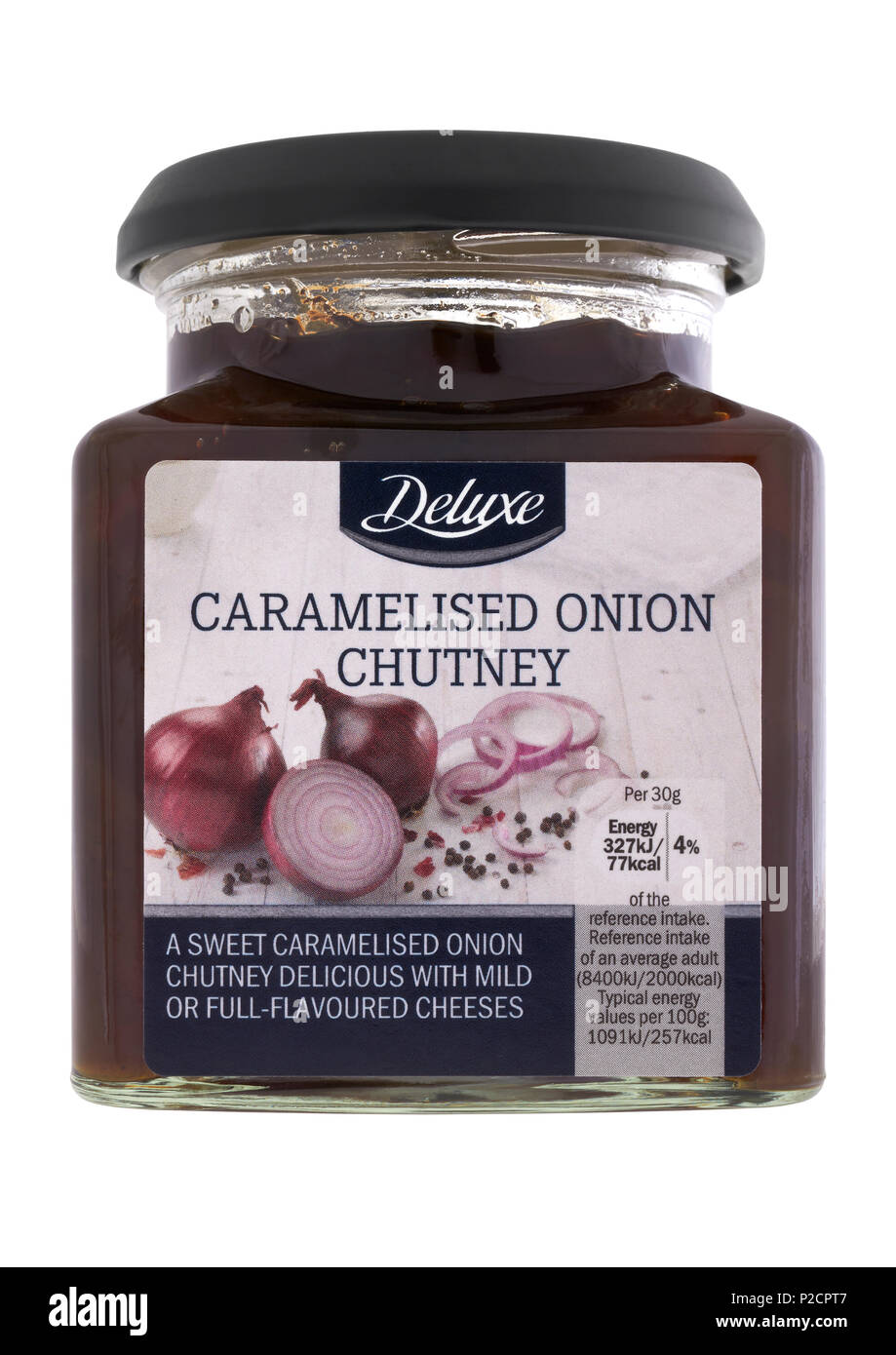 Jar of caramelised onion chutney on white background Stock Photo Alamy