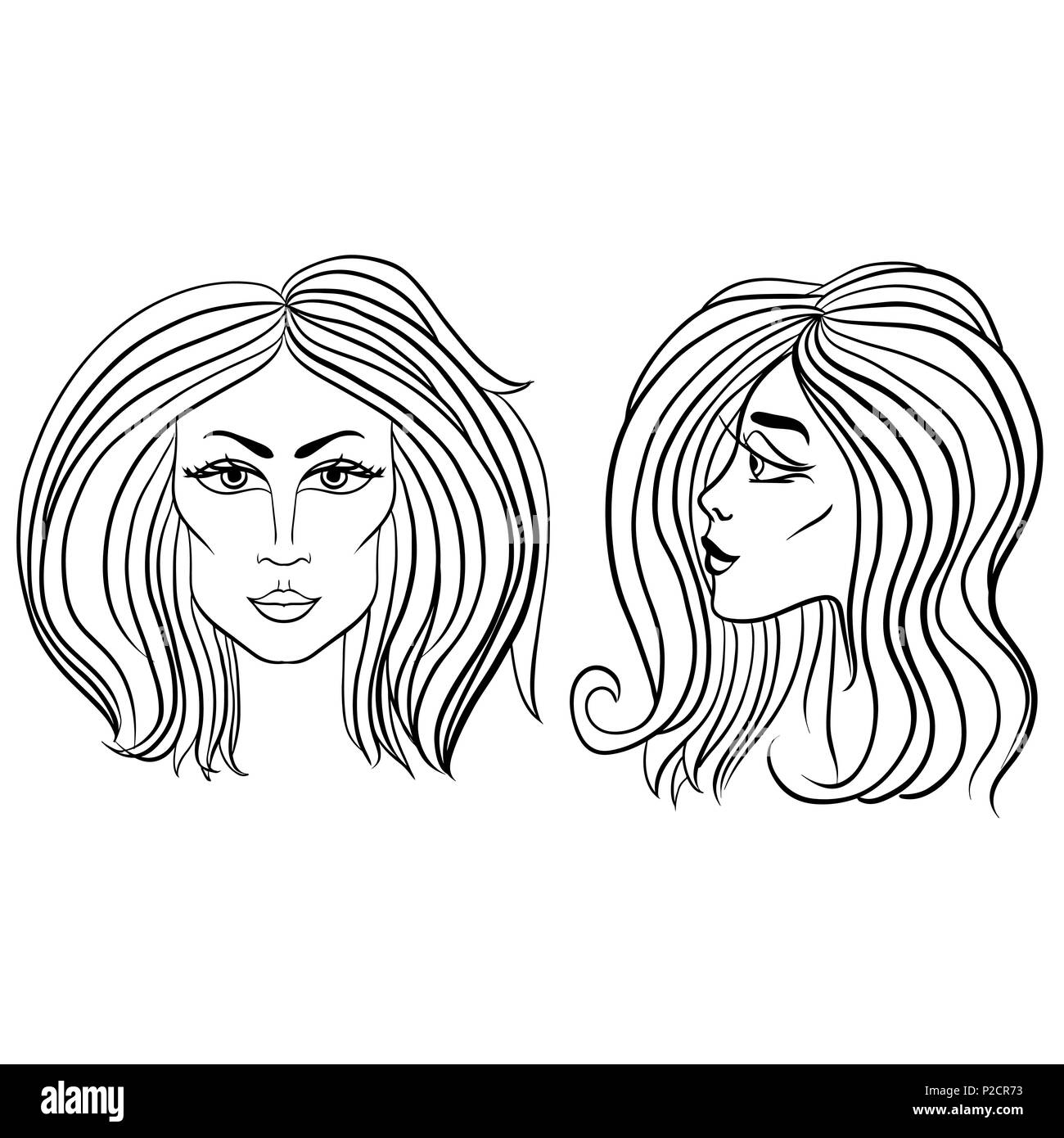 Front and side view of woman face with beautiful hair. Black and white vector illustration. Stock Vector