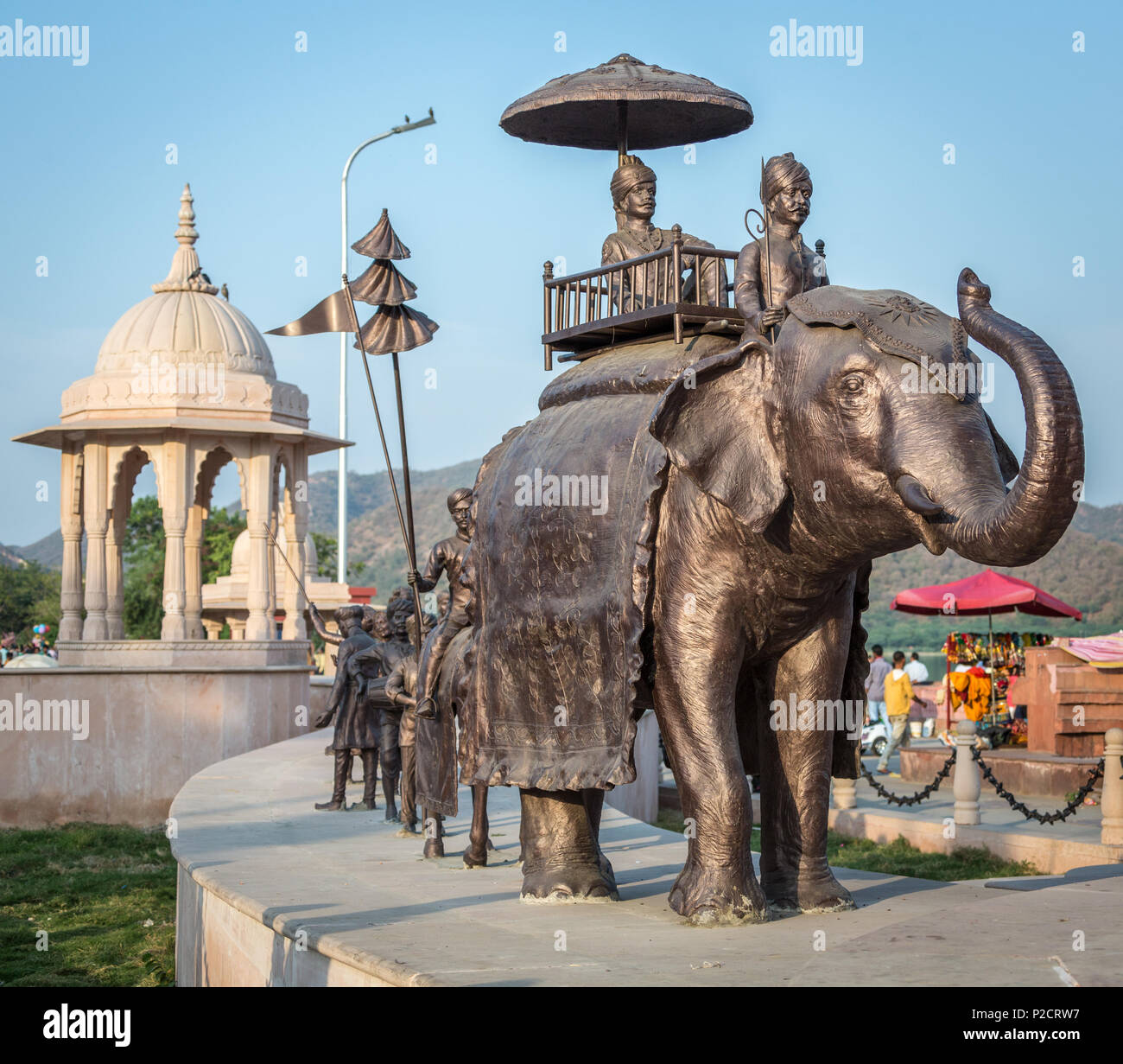 Indian Royal procession complete with elephant ride Statue on the street in Jaipur, India. Stock Photo