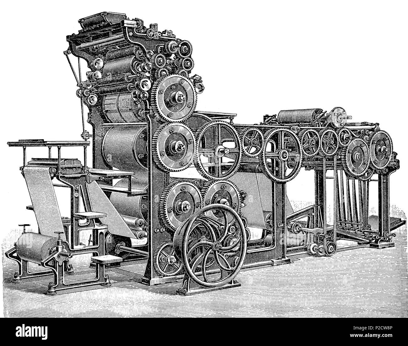 'rotary press from Marinoni, Marinoni press from 1883, Hippolyte Auguste Marinoni, 1823 - 1904, was a builder of rotary printing presses; most of which used the rotogravure process', digital improved reproduction from an original print from the 19th century, 1881 Stock Photo