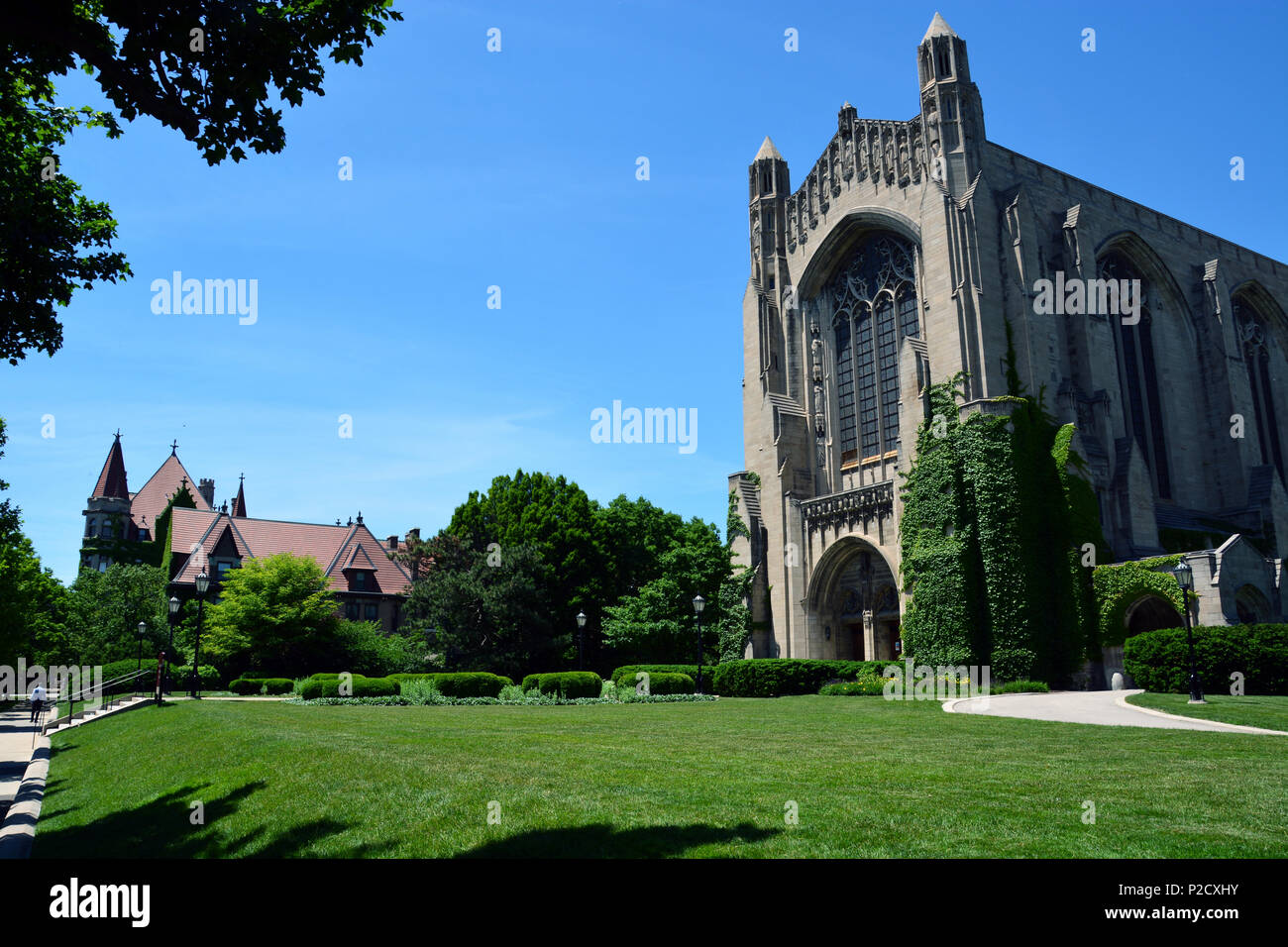 The lawn in front of Rockefeller Memorial Chapel on the campus of the University of Chicago. Stock Photo