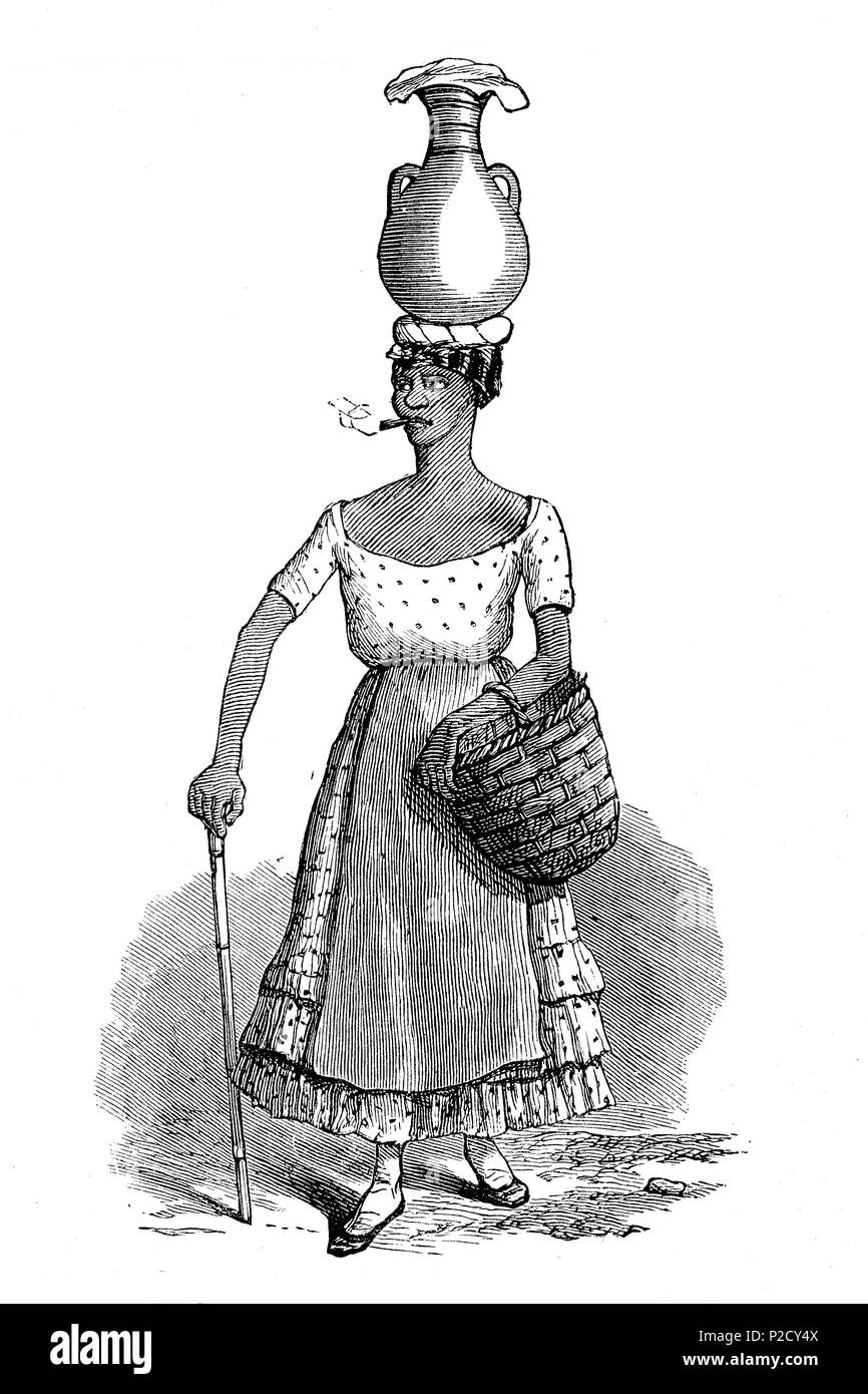 types and costumes in Lima Peru, a seller of Chicha, a drink made from mashed apples, digital improved reproduction from an original print from the 19th century, 1881 Stock Photo