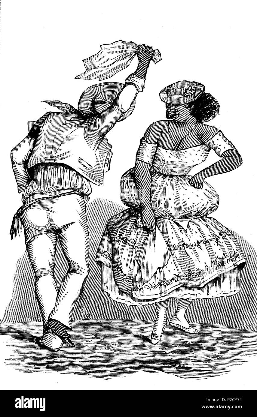 types and costumes in Lima Peru, the Zamacueca, a national dance, digital improved reproduction from an original print from the 19th century, 1881 Stock Photo