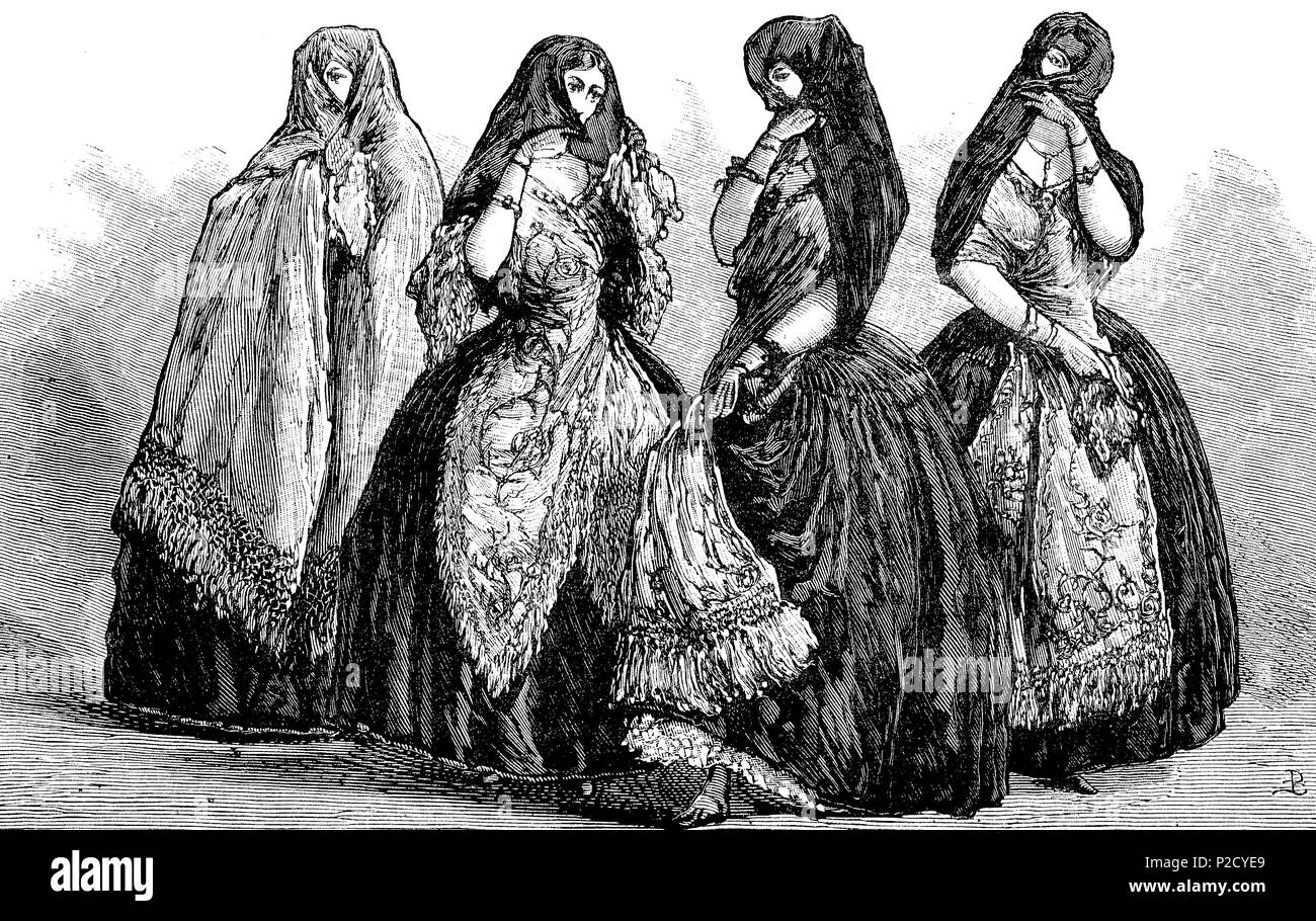 types and costumes in Lima Peru, La Tapada, old-fashioned costume of Lima Ladies, digital improved reproduction from an original print from the 19th century, 1881 Stock Photo