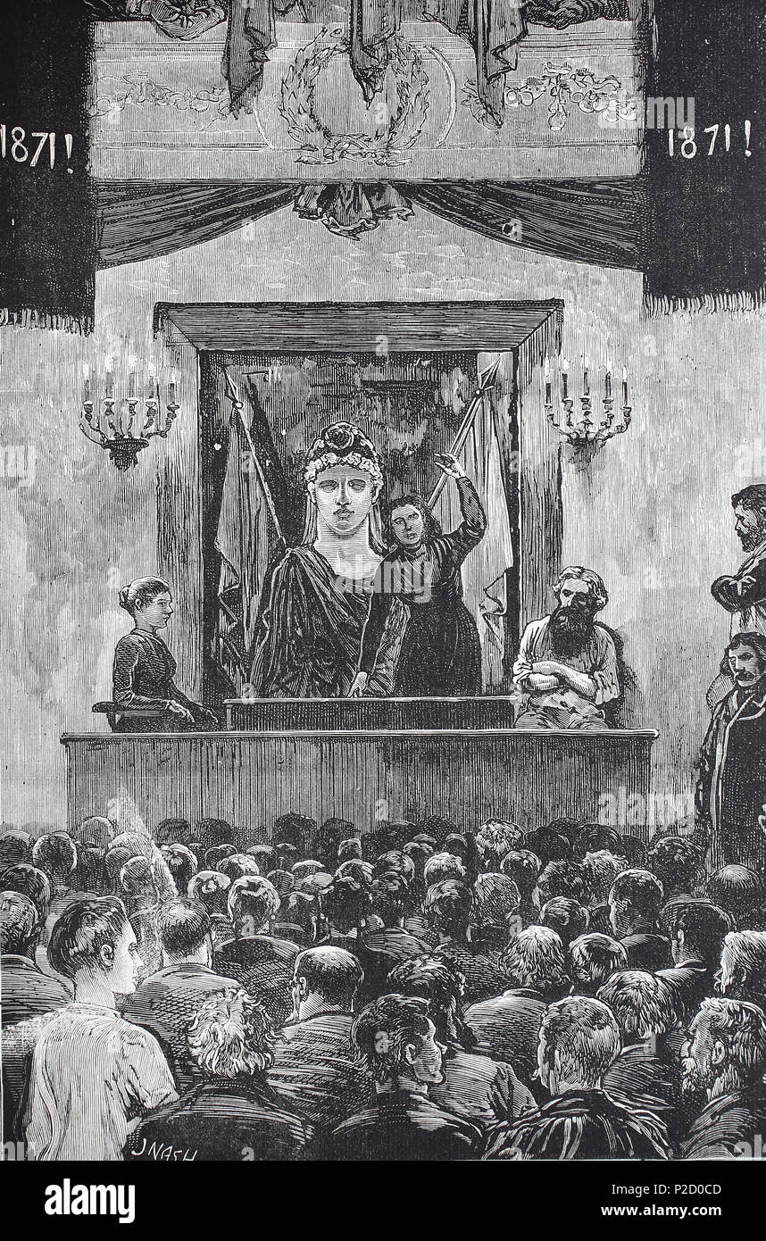a communist meeting in Paris, Louise Michel addressing the audience, Louise Michel was a teacher and important figure in the Paris Commune. Following her penal transportation she embraced anarchism, digital improved reproduction from an original print from the 19th century, 1881 Stock Photo
