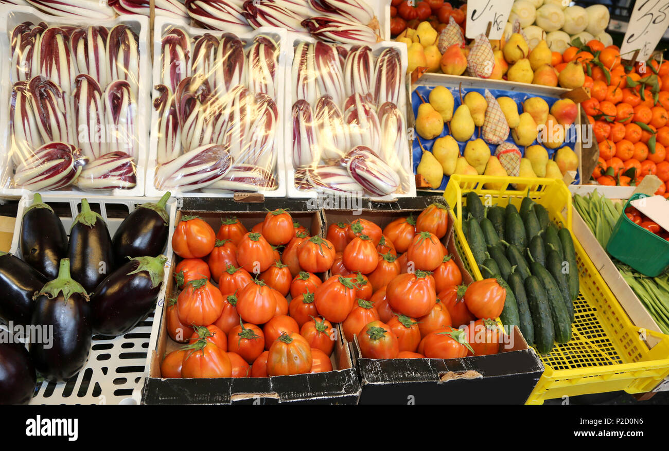 many boxes full of fresh fruits and vegetables for sale at market Stock ...