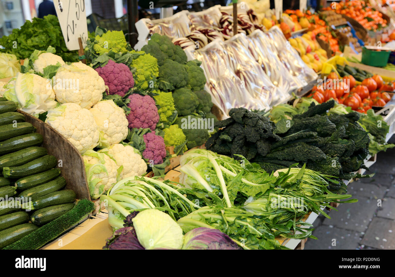 many boxes with fresh fruits and vegetables for sale at market on the ...