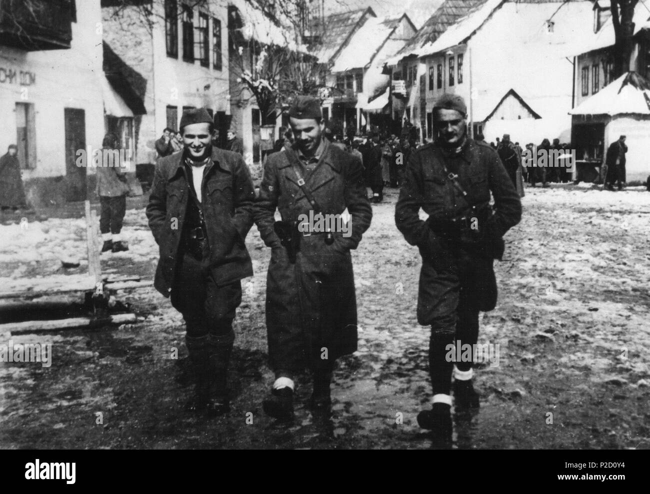 . English: From the left:Nikola Gazevi?, Veljko Mi?unovi? and Boško ?uri?kovi?. March 1944. Unknown 23 Grupa partizana Stock Photo