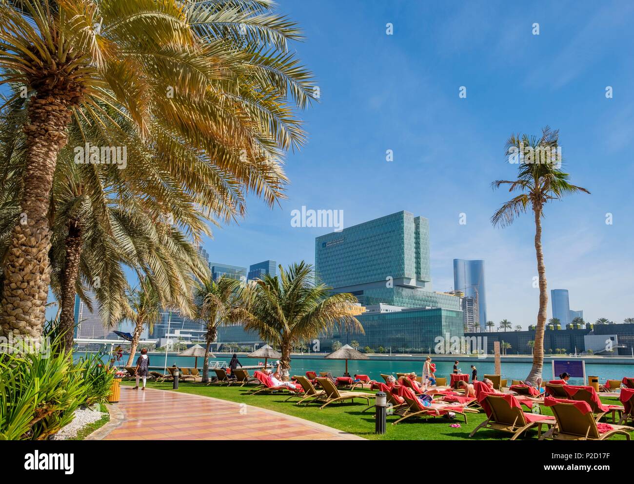 United Arab Emirates, Abu Dhabi, Al Zahiyah district, beach of the luxury Beach Rotana hotel and Al Maryah island in the background Stock Photo