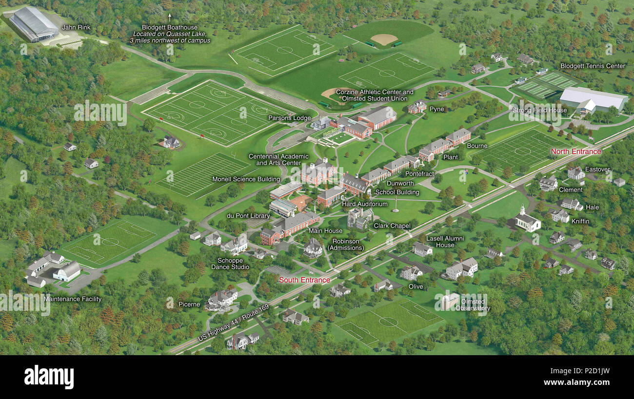 . English illustration of Pomfret School campus and building labels
