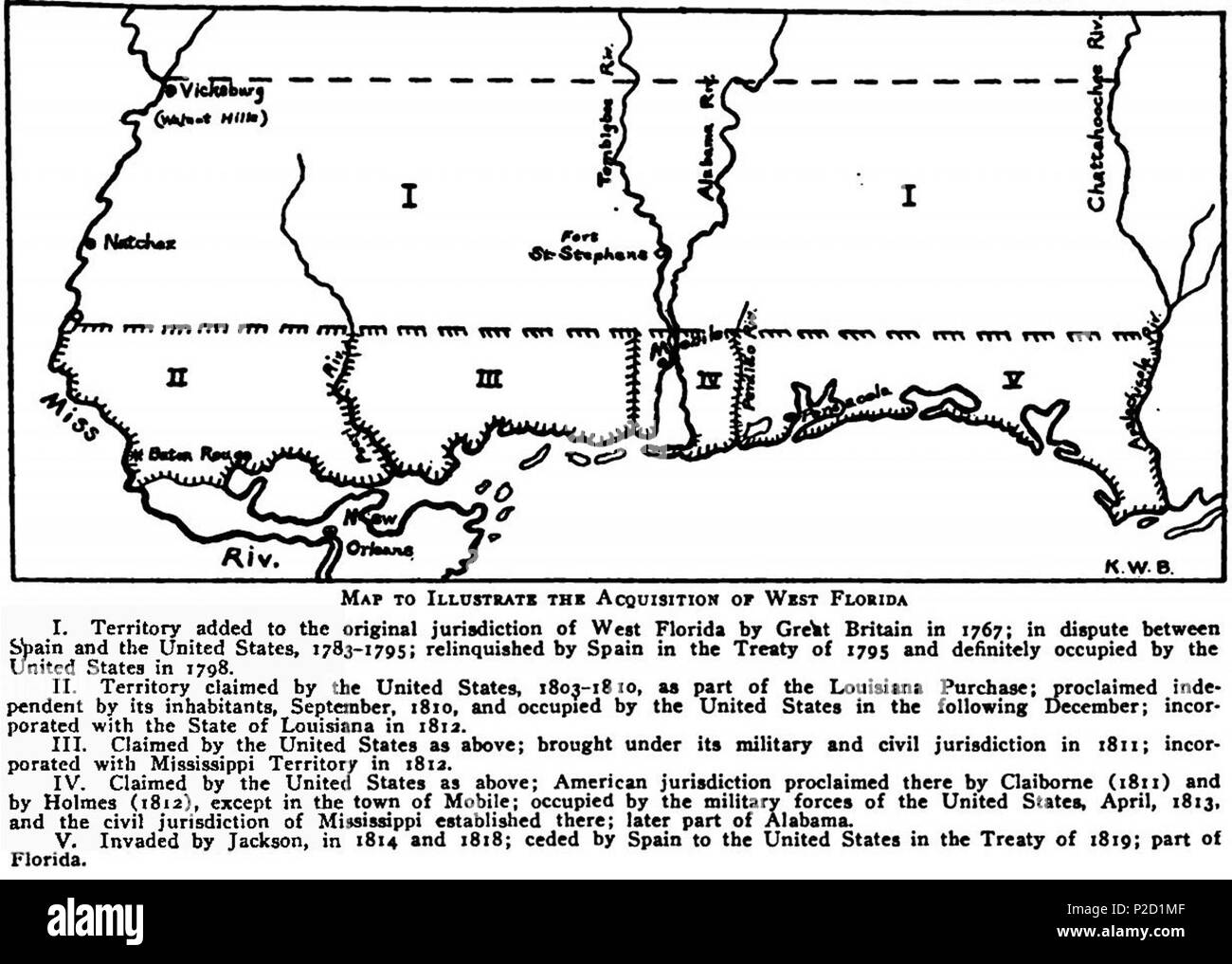 . English: Isaac Joslin Cox, Ph.D. (1873–1956) was an American professor of history. Map from his work, 'The West Florida Controversy, 1798 to 1813' . 1918. Isaac Joslin Cox 33 Map to Illustrate the Acquisition of West Florida Stock Photo