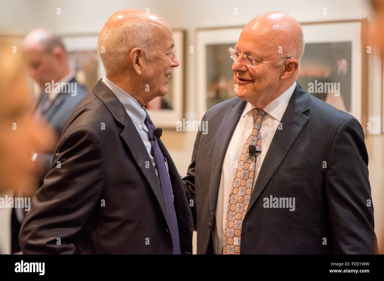 Bob Inman and James Clapper  In a speech at the LBJ Presidential Library on Thursday, Sept. 22nd, 2016, Director of National Intelligence James Clapper discussed national security as we prepare for an election year change in the White House. Following his remarks, Admiral Bob Inman, former Director of the National Security Agency and Deputy Director of the CIA, and Stephen Hadley, former National Security Advisor, joined Clapper on stage for a conversation moderated by LBJ Library Director Mark Updegrove on the pressing national security issues facing our nation.   LBJ Library photo by Jay God Stock Photo