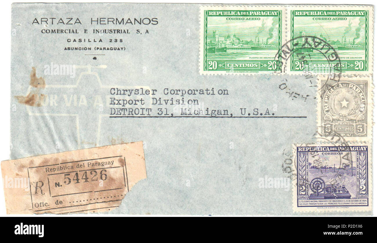 . English: Paraguay 1947-04-07 registered airmail cover to Chrysler Corporation in Detroit. Franked 47c with Sc. C159 (2), 430 and 436. 7 April 1947. Post of Paraguay 40 Paraguay 1947-04-07 airmail cover Stock Photo