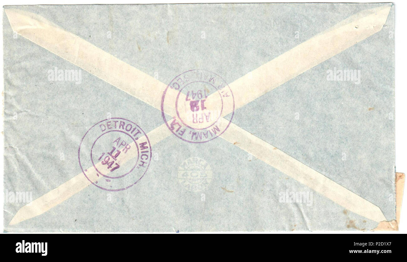 . English: Paraguay 1947-04-07 reverse of registered airmail cover to Chrysler Corporation in Detroit. Franked 47c with Sc. C159 (2), 430 and 436. Transit in Miami, postmark bears wrong date, should have been 1947-04-10. Arrival Detroit 1947-04-11. 7 April 1947. Post of Paraguay 40 Paraguay 1947-04-07 airmail cover reverse Stock Photo