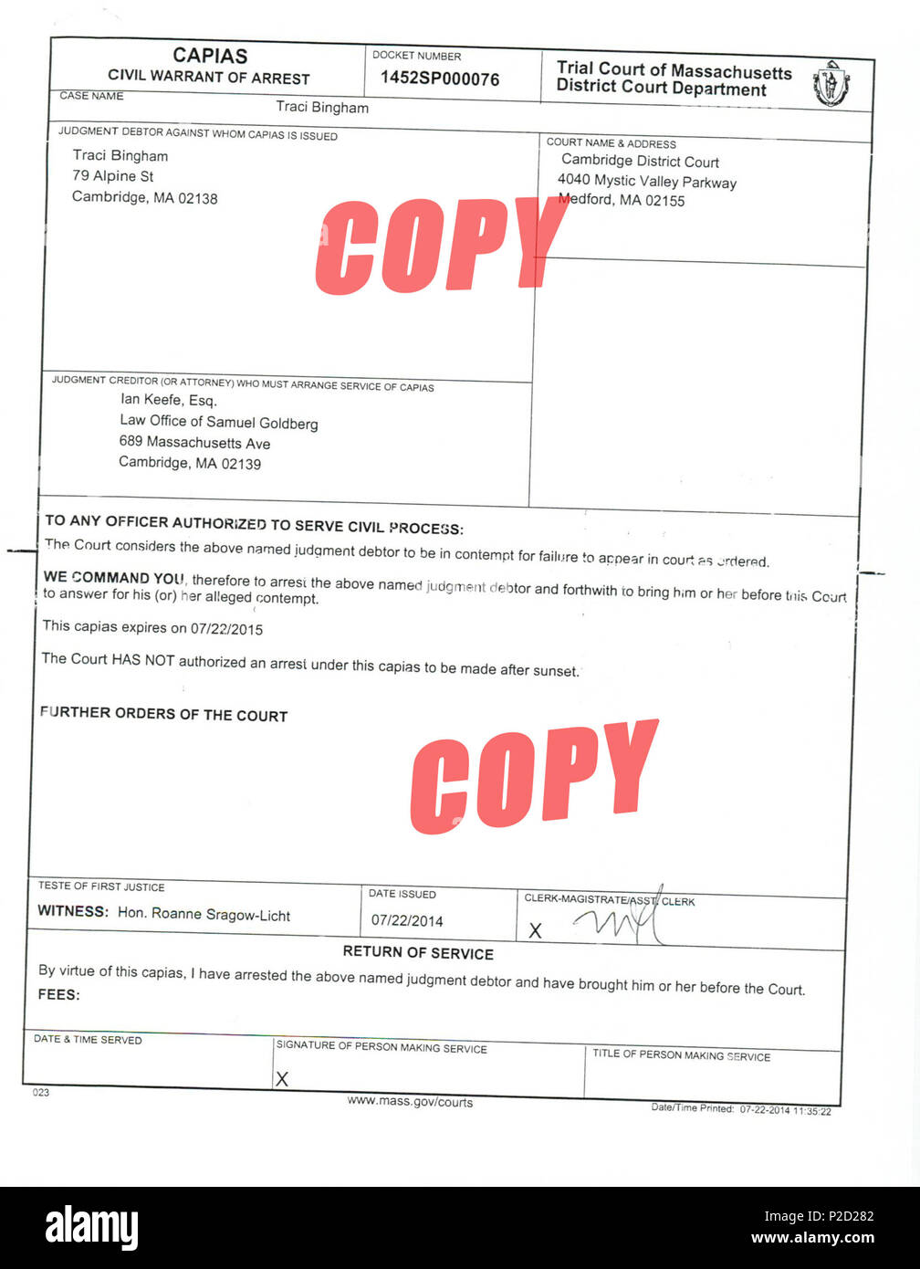 . English: Public court document Capias warrant for arrest of Traci Bingham. 22 July 2014. Trial Court of Massachusetts District Court Department 11 Capias Arrest Warrant Traci Bingham Stock Photo