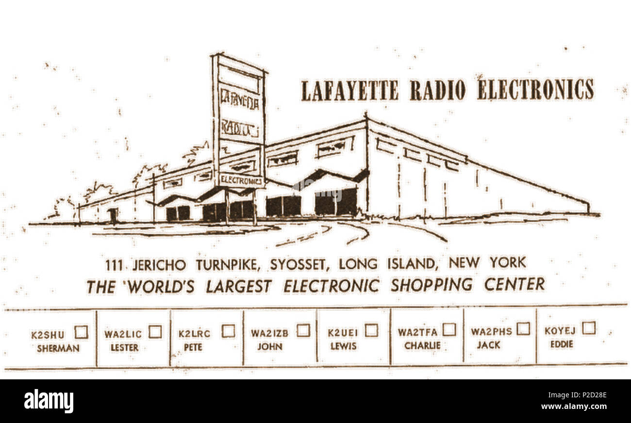 . Lafayette Radio Electronics, headquarters staff QSL card . 1 March 2018. Lafayette Radio Electronics, 1962. This former US corporation is defunct. 32 LREqslcard Stock Photo