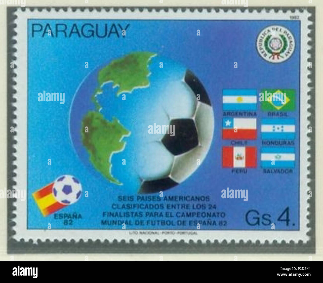 . Deutsch:    Briefmarke aus Paraguay zur Fußball-Weltmeisterschaft 1982 in Spanien English:    Stamp of Paraguay of the 1982 FIFA World Cup in Spain . 1982. uploaded by R-E-AL (talk | contribs | Gallery)  (German ) 1 1982-paraguay-wm-spain-1-ball Stock Photo