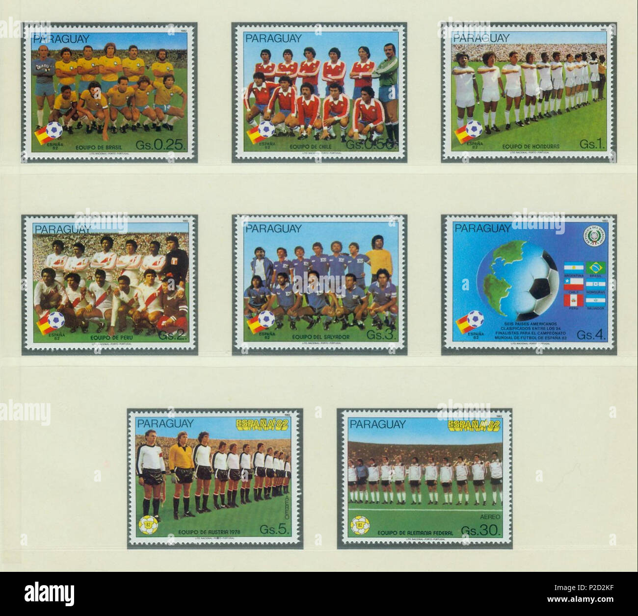 . Deutsch:    Briefmarkensatz aus Paraguay zur Fußball-Weltmeisterschaft 1982 in Spanien English:    Set of stamps of Paraguay of the 1982 FIFA World Cup in Spain . 1982. uploaded by R-E-AL (talk | contribs | Gallery)  (German ) 1 1982-paraguay-wm-spain-1 Stock Photo