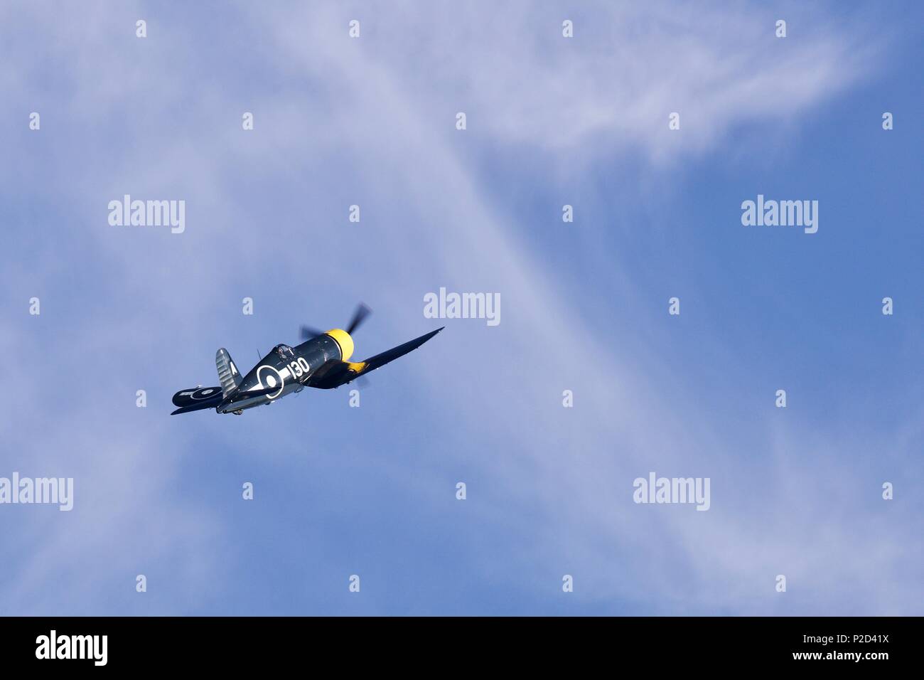 Goodyear FG-1D Corsair from The Fighter Collection flying at Shuttleworth Fly Navy airshow on 3rd June 2018 Stock Photo