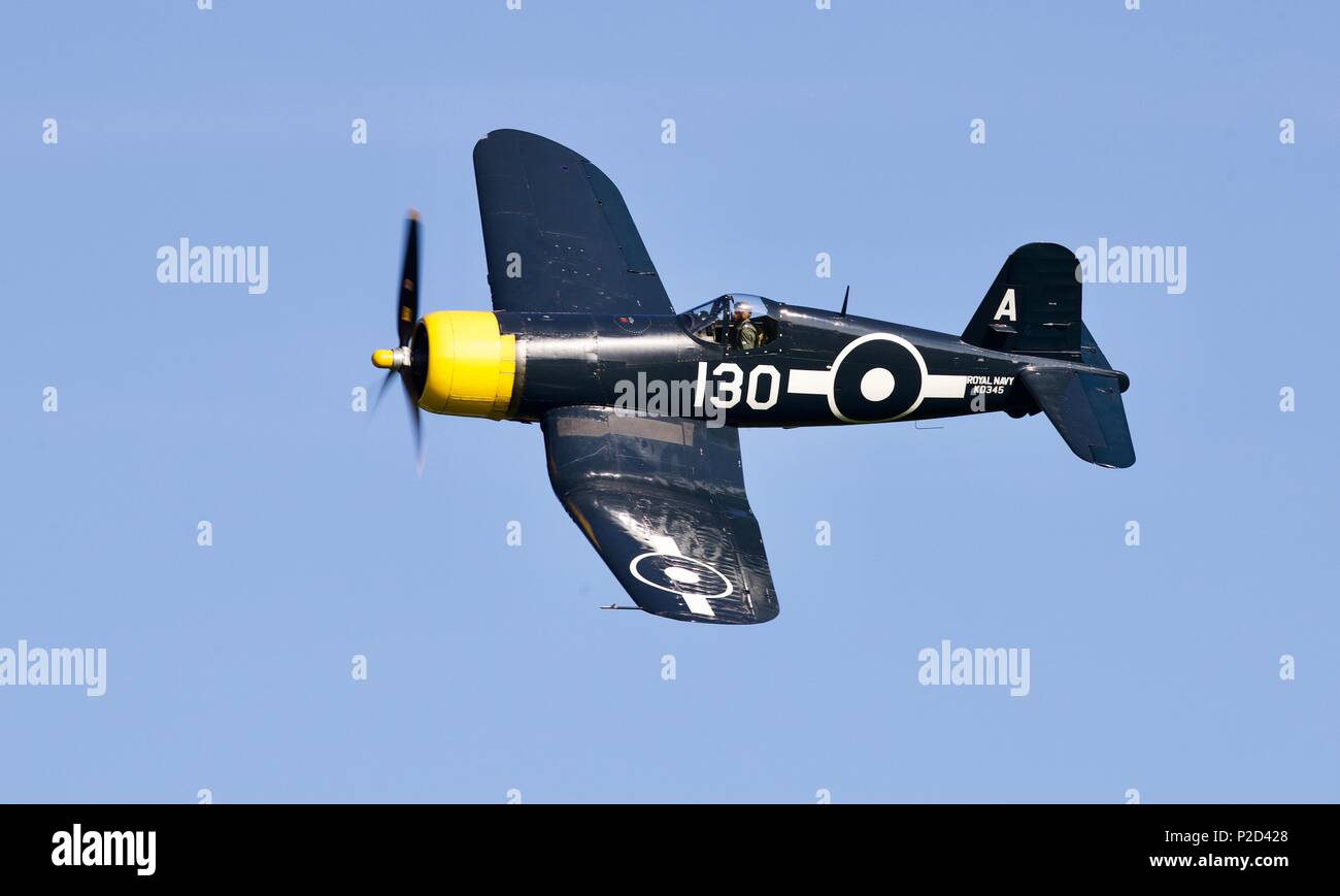 Goodyear FG-1D Corsair from The Fighter Collection flying at Shuttleworth Fly Navy airshow on 3rd June 2018 Stock Photo