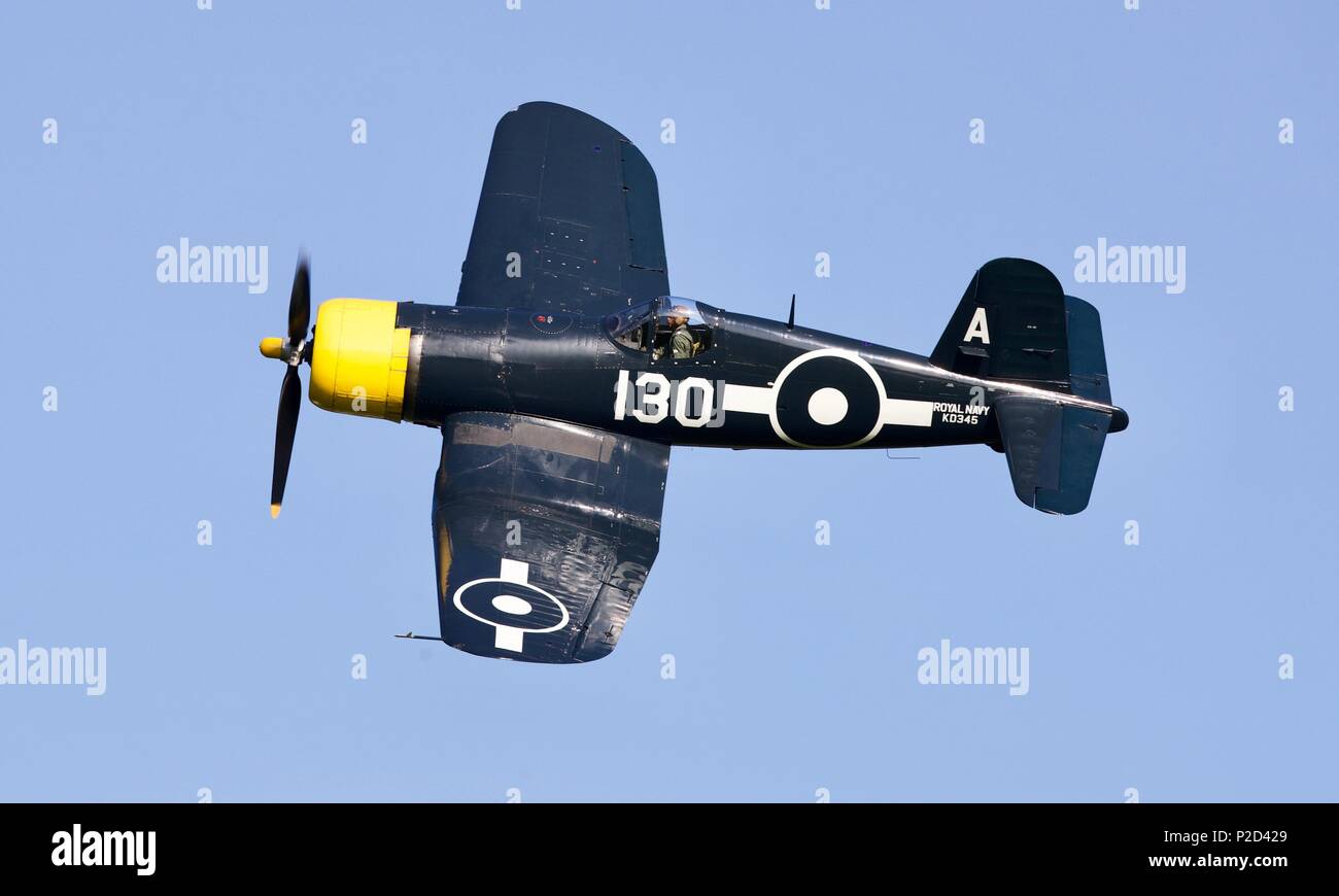 Goodyear FG-1D Corsair from The Fighter Collection flying at Shuttleworth Fly Navy airshow on 3rd June 2018 Stock Photo