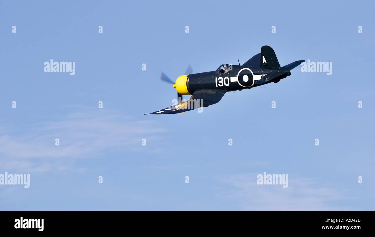 Goodyear FG-1D Corsair from The Fighter Collection flying at Shuttleworth Fly Navy airshow on 3rd June 2018 Stock Photo