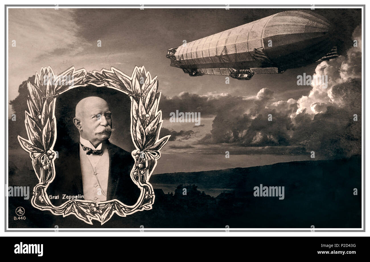 ZEPPELIN FOUNDER COMPANY VINTAGE Count Ferdinand Adolf Heinrich August Graf von Zeppelin (8 July 1838 – 8 March 1917) was a German general and later aircraft manufacturer, who founded the Zeppelin airship company 1916 Commemoration Poster/Postcard Stock Photo