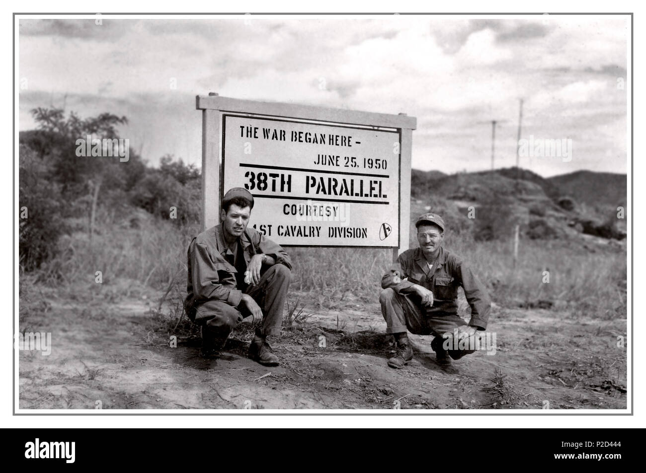 KOREA BORDER Vintage 1970's sign board The 38th parallel serving as a division between North Korea and South Korea. It was also the location of where the war first started and now serves as a war memorial. North of the 38th Parallel was the communist North Korea, and south of the border was the anti-communist South Korea. The war commenced when North Korea crossed the border and invaded South Korea in an effort to unite Korea under communism. Stock Photo